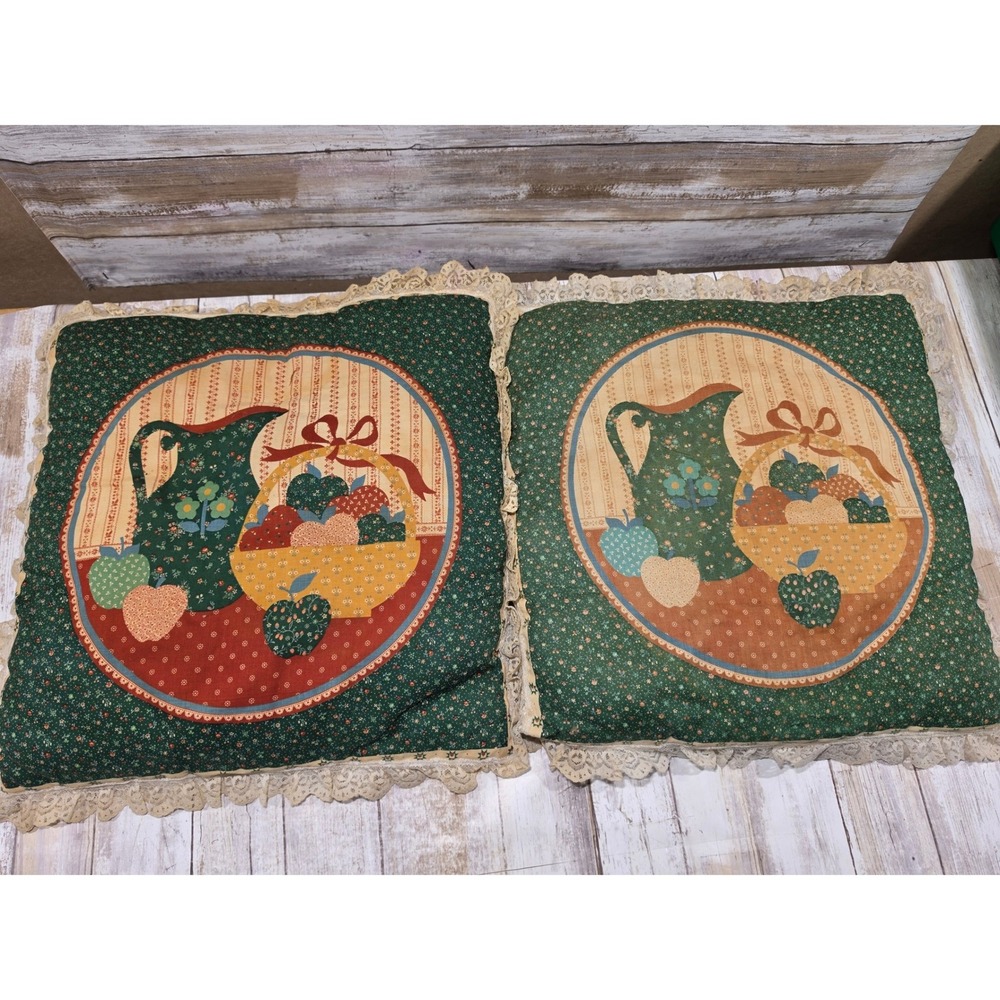 2 Vintage Country Farmhouse Apple Pitcher Lace Trim Pillows Cushions Green TLC